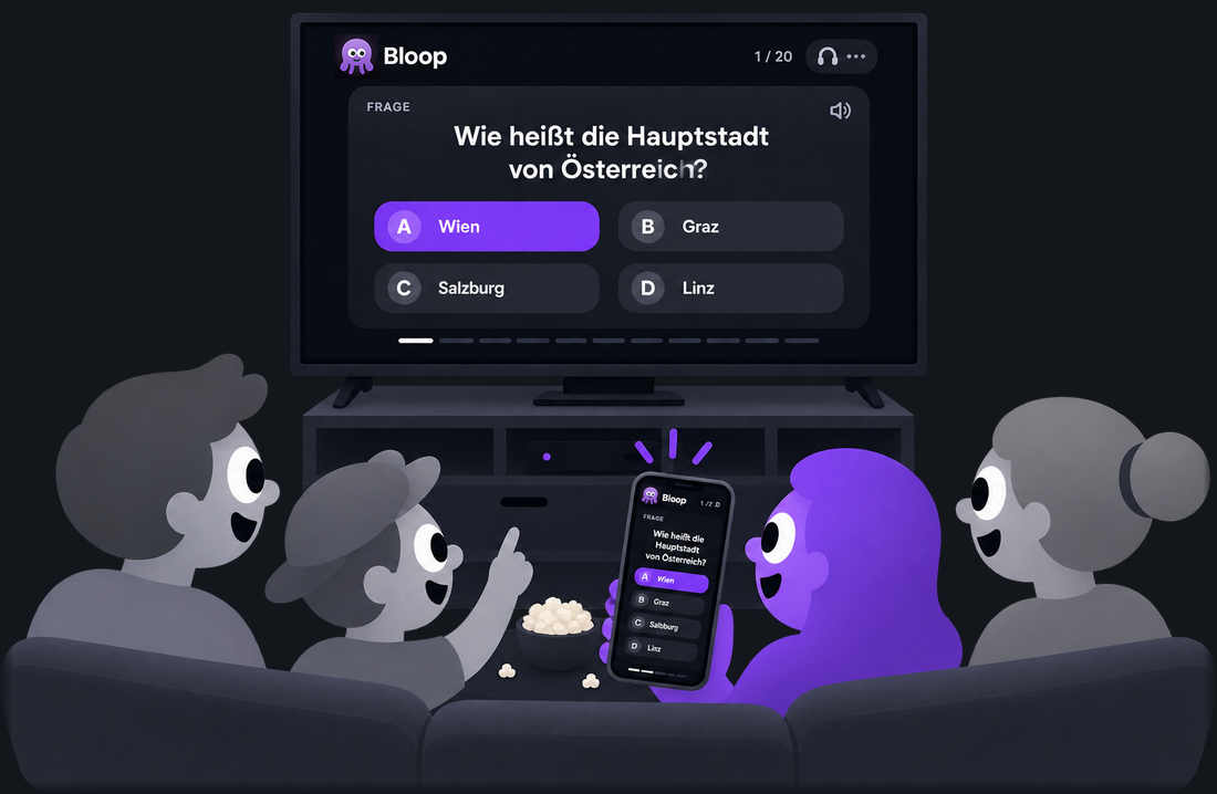 Vier Freunde auf dem Sofa vor einem Fernseher, auf dem eine qraki-Quizfrage mit vier Antworten steht. Einer hält das Handy, das dieselbe Frage hochkant zeigt.